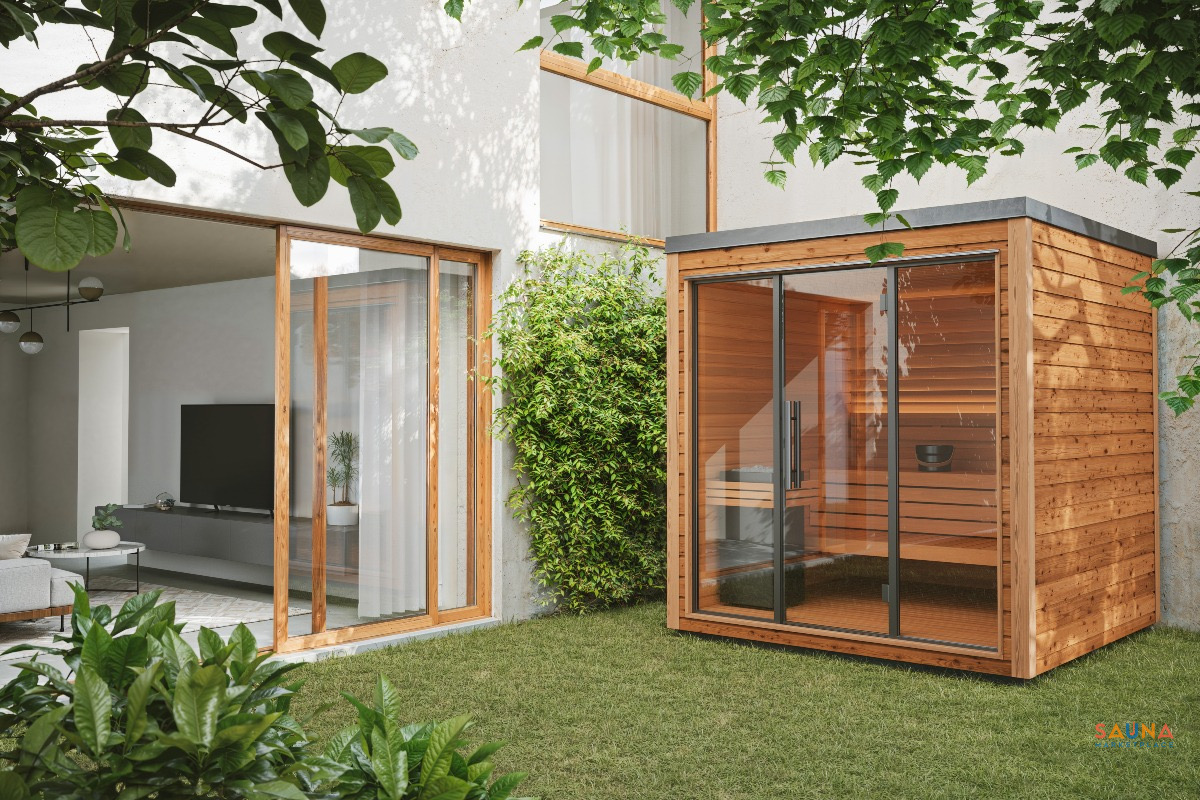 Auroom Mira L outdoor sauna beside a modern home and landscaped lawn