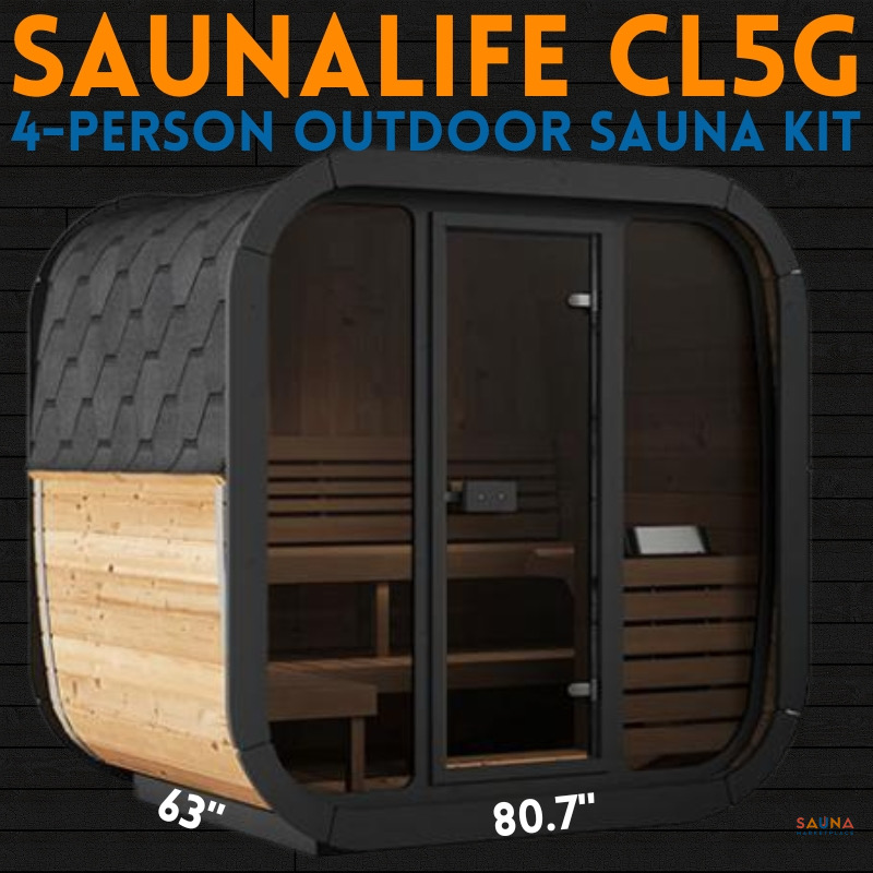 SaunaLife CL5G four-person outdoor cube sauna with panoramic front window