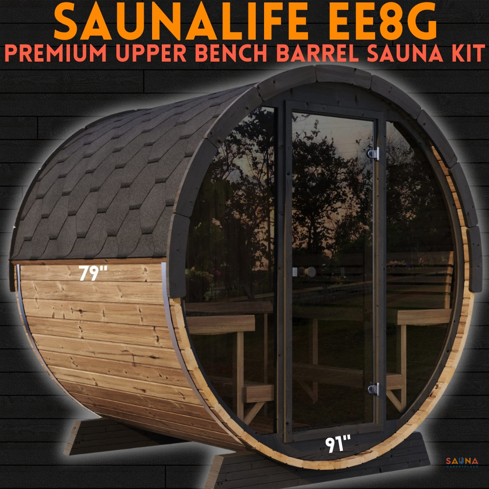 SaunaLife EE8G large barrel sauna with upper benches and glass front